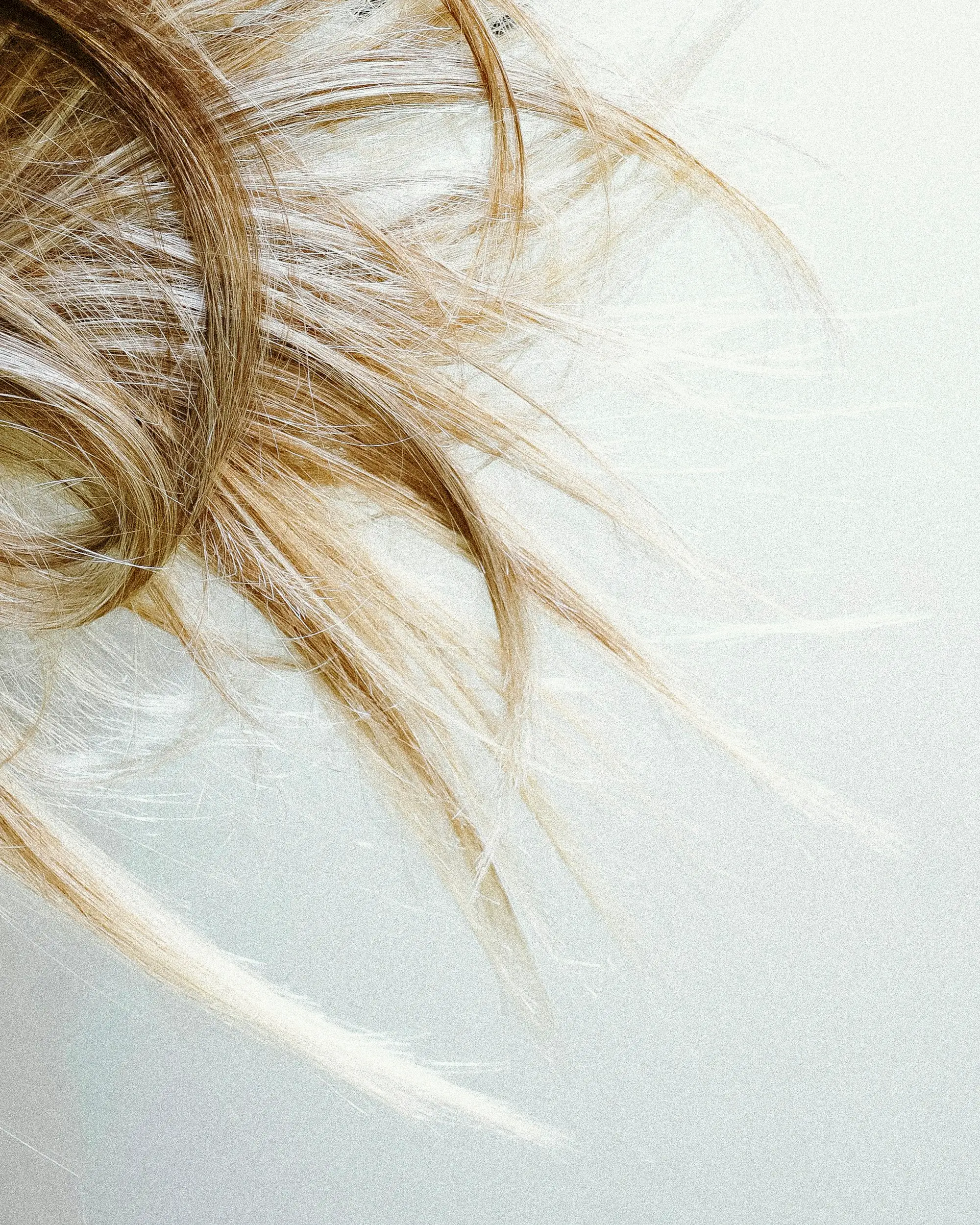 Soft macro of long hair strands resting on light textile.